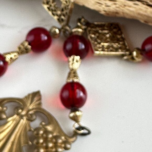 Vintage Red Glass Bead Necklace, Filigree Drop Pendant - Picture 6 of 12